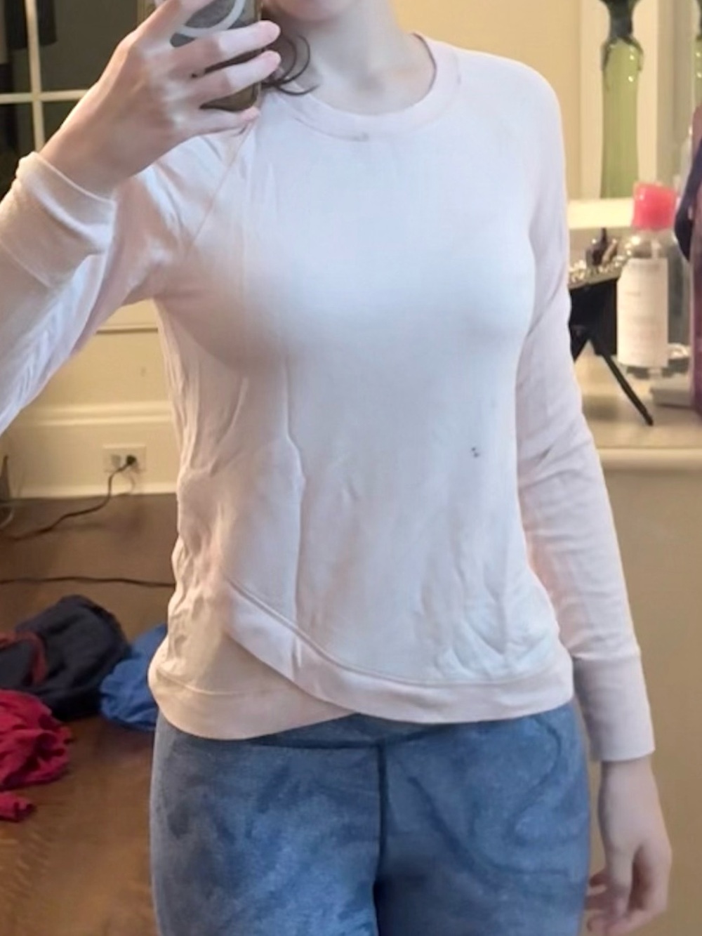 Light Pink Long Sleeve Crew Neck Top With Crossover Ruffle Detail